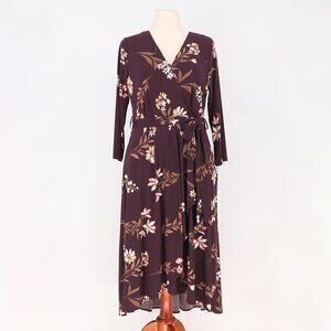 NWT CALVIN KLEIN Faux Wrap Floral Midi Dress V-Neck Belt Purple Multi Size 12